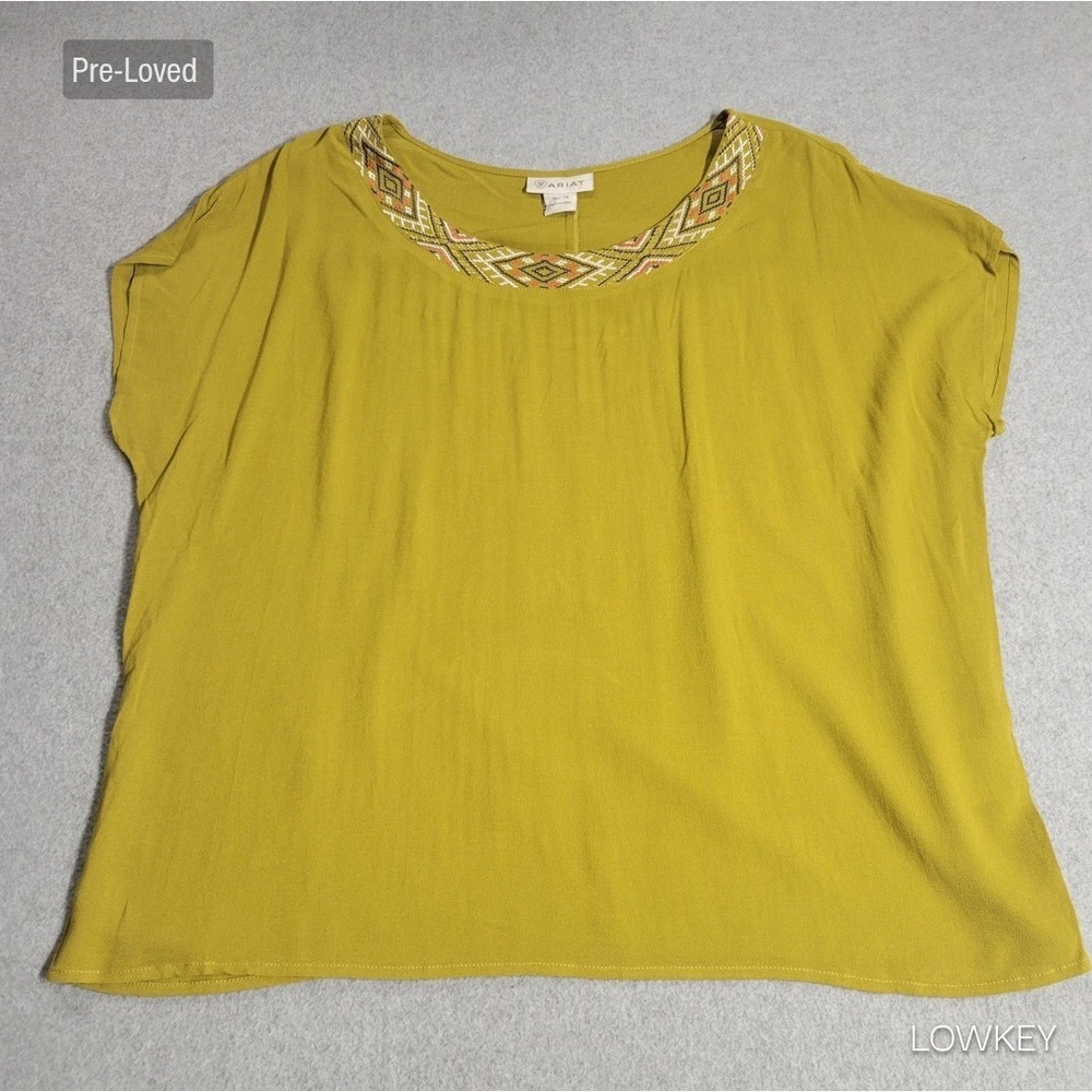 Ariat Womens Mustard Yellow‎ Embroidered Scoop Neck Rayon Blouse XL Boho Western